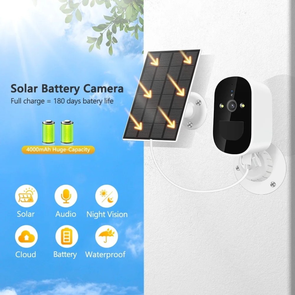 Wireless Solar Wifi Camera CCTV Security Camera Outdoor Full HD 1080P Audio IP Camera With 6000mAh Rechargeable Battery (32GB additional Memory Card)